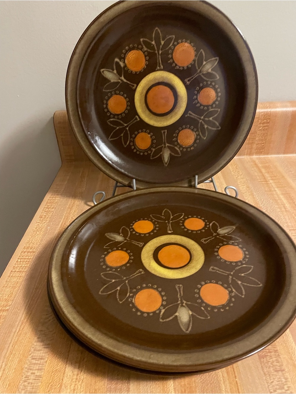 Vintage Brown and Orange Floral Dinner Plates (4)